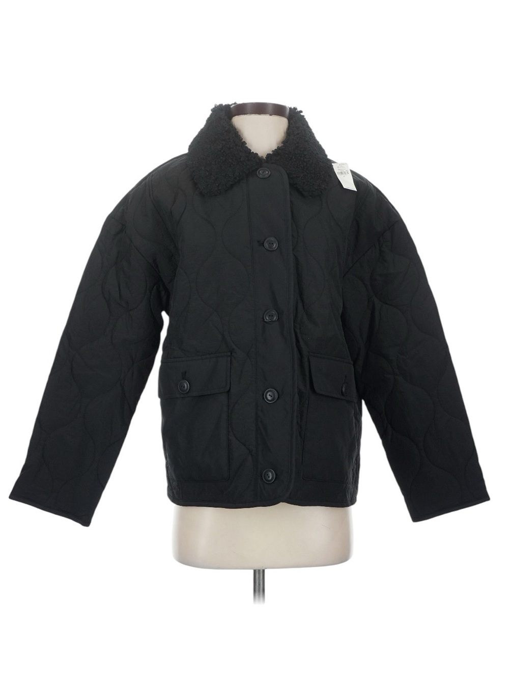 NWT Old Navy Quilted Nylon Jacket Black Sherpa Collar Button Front S
